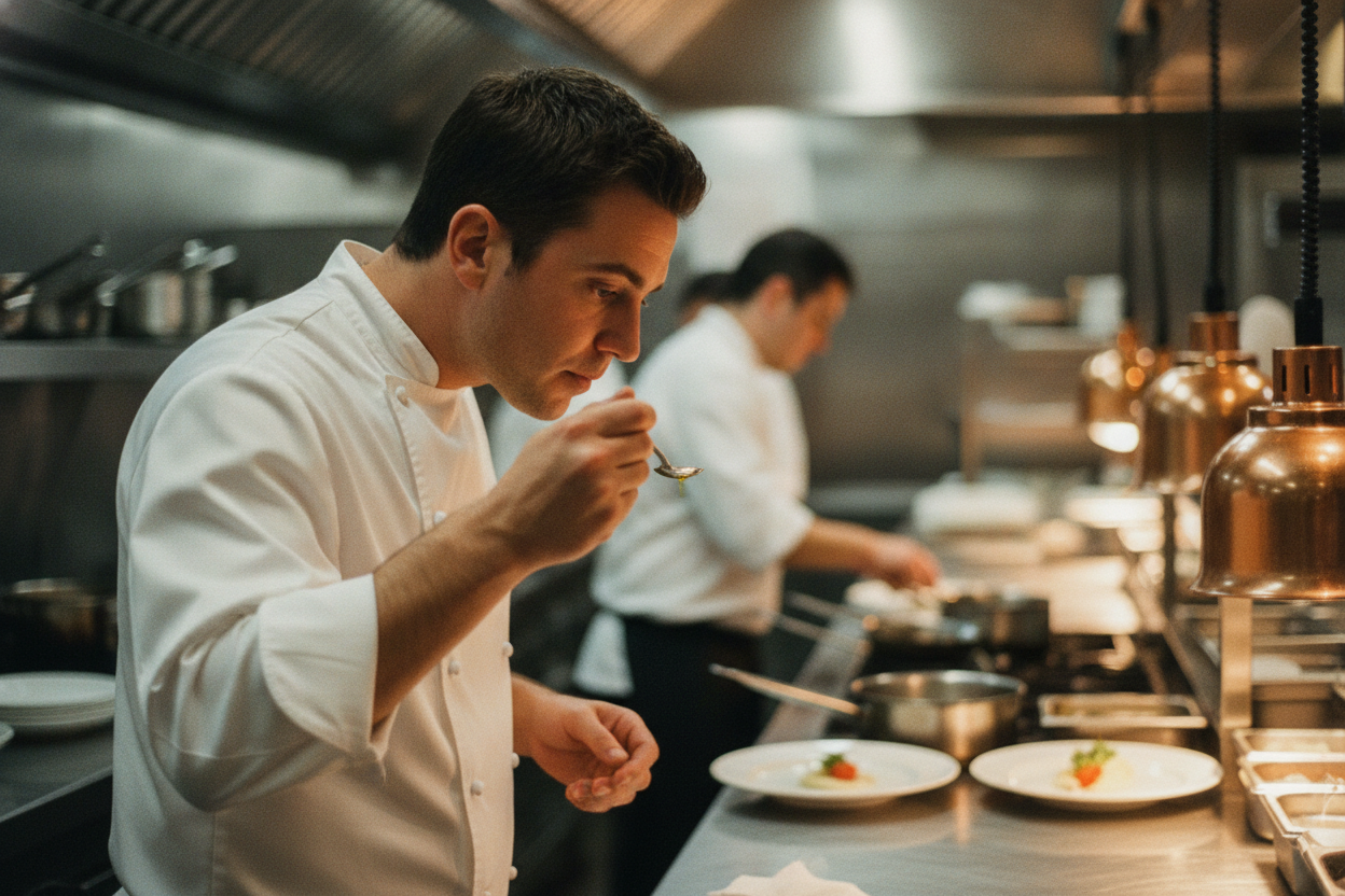 A chef tasting olive oil from a spoon at the pass