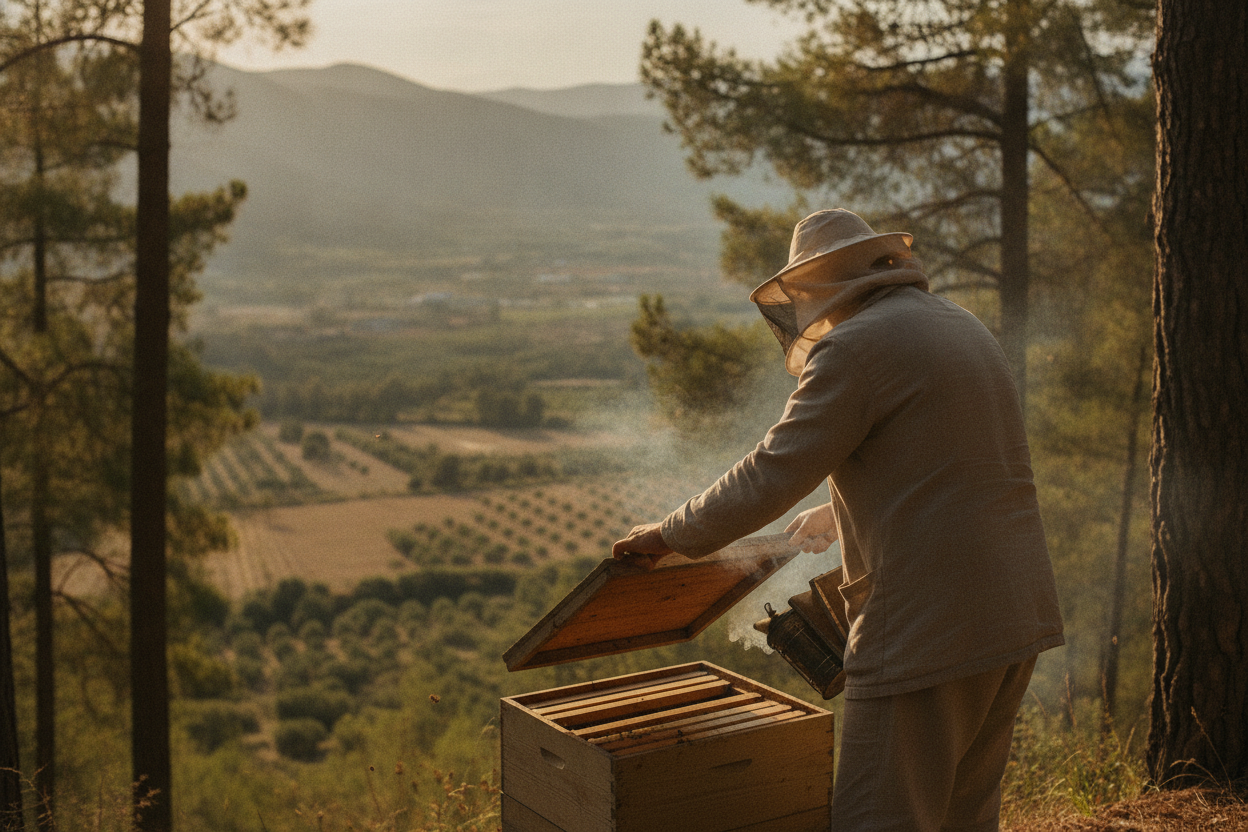 A beekeeper opening a hive at the edge of a pine forest above Sparta