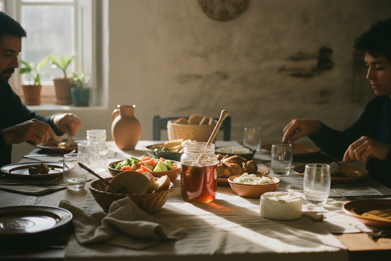 A Greek family table in soft morning light with a jar of honey among the dishes