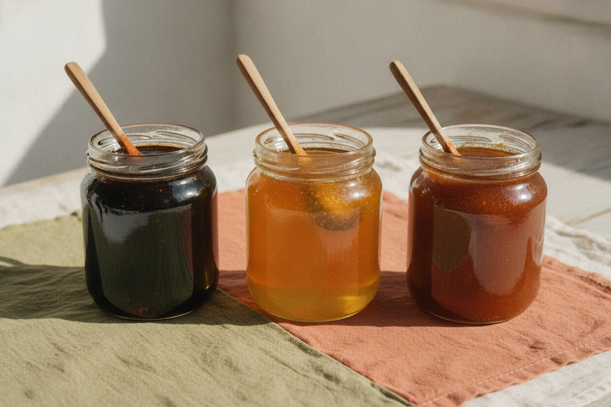 Three jars of Greek honey side by side showing pine, thyme and forest colours